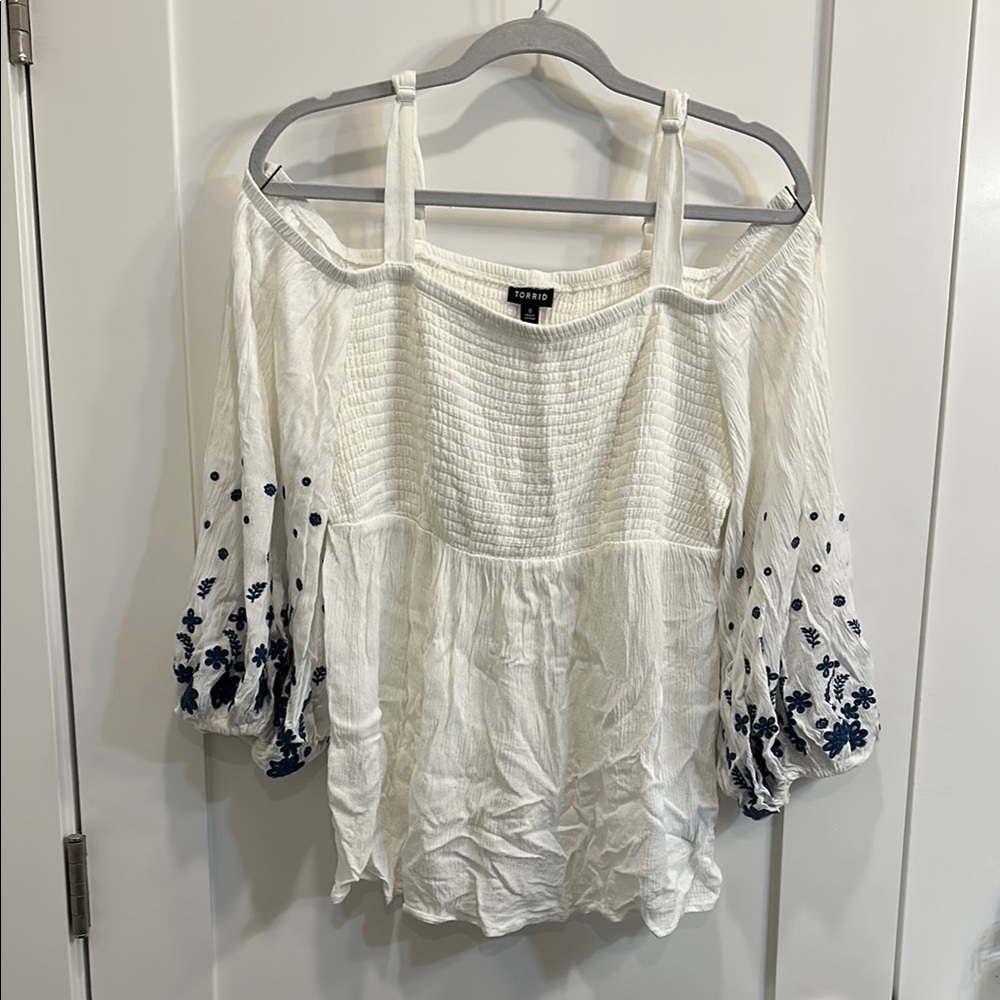 Torrid White and Blue Embroidered Women's Bare shoulder Top